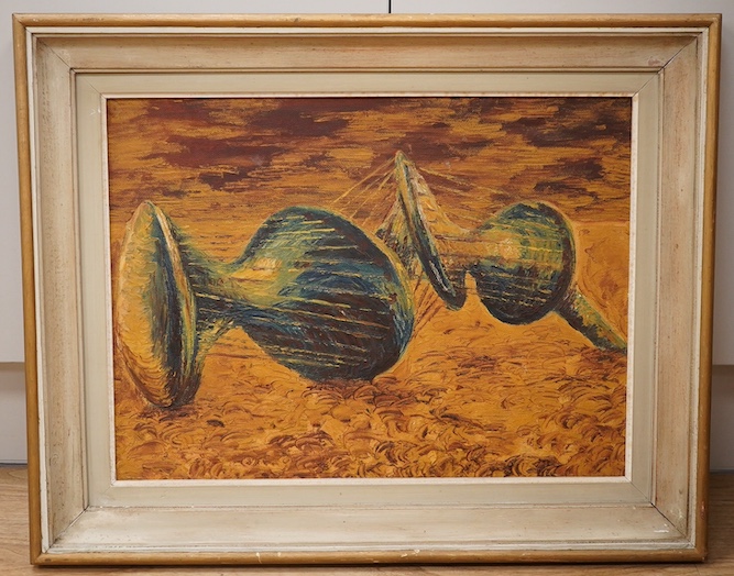 Gillian M. Eccles, 1960's oil on board, Abstract composition vessels, 37 x 49cm. Condition - good